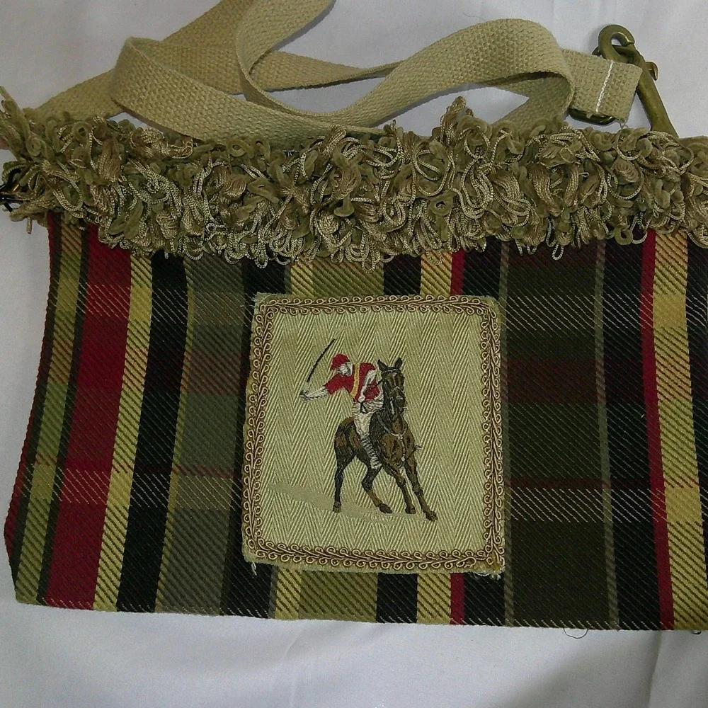 Handmade Unique‎ Tapestry Plaid Horse Jockey Equestrian Purse Shoulder Bag NWOT